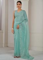 Soft Organza Sea Green Party Wear Hand Work Saree